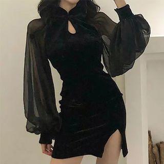 Puff-sleeve Keyhole Velvet Bodycon Dress