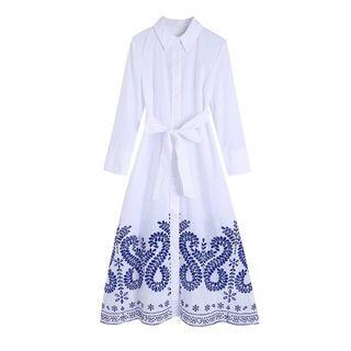 Long-sleeve Embroidered Midi A-line Shirt Dress