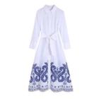 Long-sleeve Embroidered Midi A-line Shirt Dress