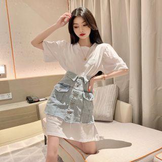 Set: Short-sleeve T-shirt Dress + Denim Mini A-line Skirt