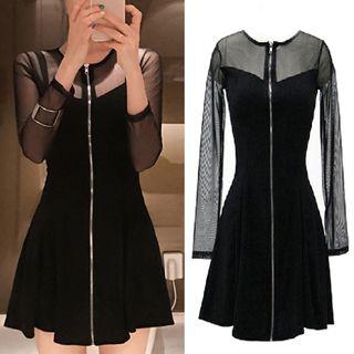 Mesh Panel Long-sleeve Zip A-line Dress