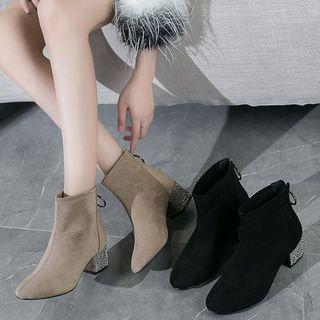 Faux Suede Rhinestone Block Heel Back-zip Short Boots