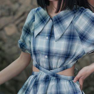Set: Short-sleeve Plaid Cutout Mini Dress + Shorts
