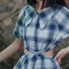 Set: Short-sleeve Plaid Cutout Mini Dress + Shorts