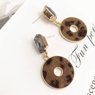 Rhinestone Leopard Print Fabric Hoop Dangle Earring Silver Needle - As Shown In Figure - One Size