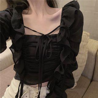 Long-sleeve Tie Neck Ruffle Trim Blouse As Shown In Figure - One Size