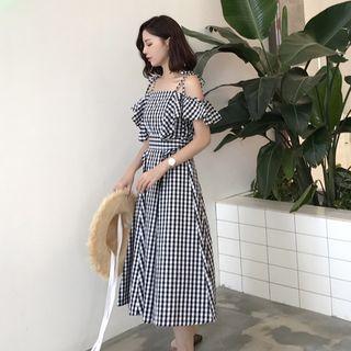 Check Off-shoulder Short-sleeve Dress
