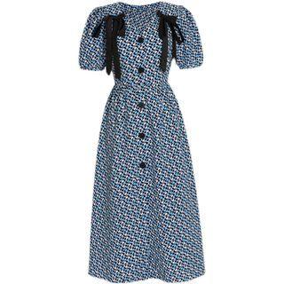 Short-sleeve Tie-shoulder Floral Print Midi A-line Dress
