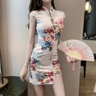 Short-sleeve Floral Print Frog Buttoned Mini Qipao Dress