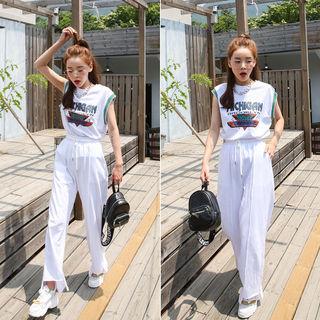 Set: Printed Tank Top + Drawstring-waist Pants White - One Size