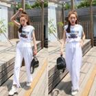 Set: Printed Tank Top + Drawstring-waist Pants White - One Size