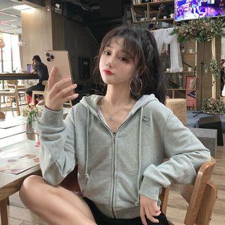 Bear Embroidered Cropped Zip-up Hoodie