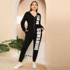 Long-sleeve Lettering Hooded Zipped Jumpsuit