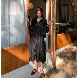 V Collar Floral Chiffon Dress Black - One Size