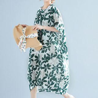 Leaf Print Elbow-sleeve Midi Dress