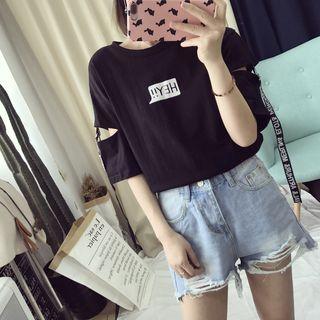3/4-sleeve Ripped Lettering Strap Top