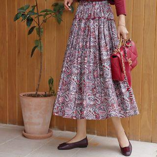 Band-waist Shirred Long Paisley Skirt