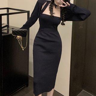 Plain Cropped Cardigan / Plain Slim Fit Knit Camisole Midi Dress