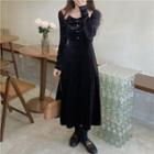Square-neck Plain Woolen A-line Dress Black - One Size