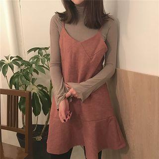 Set: High-neck Long-sleeve T-shirt + Ruffle Hem Strappy Dress