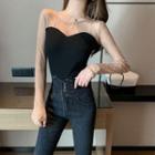 Long-sleeve Lace-panel Color-block Top Black - One Size