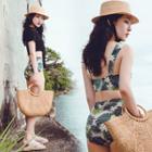 Set: Floral Print Tankini + Short-sleeve Cover-up