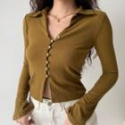 Long-sleeve Lapel Cropped Cut-out Button Cardigan