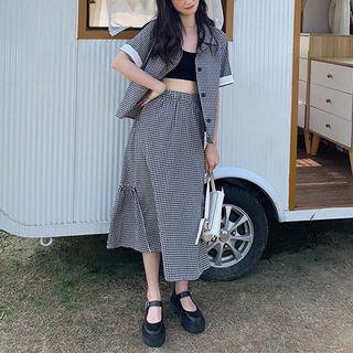Short-sleeve Plaid Shirt / Midi Skirt