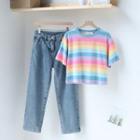 Elbow-sleeve Rainbow Stripe T-shirt / Wide-leg Jeans