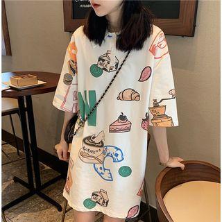 3/4-sleeve Cartoon Printed Mini Polo Dress White - One Size
