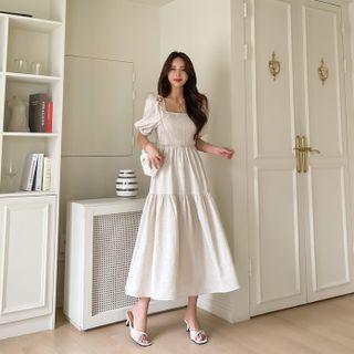 Smocked Linen Blend Long Dress One Size