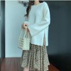 Long-sleeve Slit-side Top / Spaghetti Strap Leopard Print Midi Dress