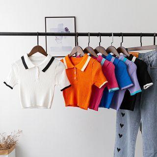 Shirt-sleeve Collared Cropped Knit Top