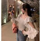 Bell-sleeve Cutout Layered Shirred Blouse