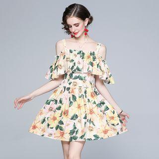 Cold-shoulder Ruffle Trim Floral Mini A-line Dress