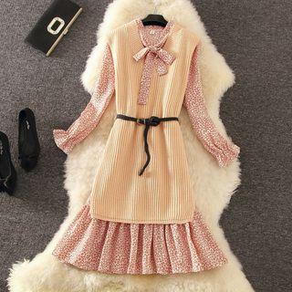 Set: Long Knit Vest + Long-sleeve Floral Print A-line Midi Dress