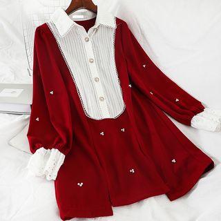 Long-sleeve Collared Panel Mini A-line Dress