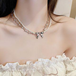 Bow Faux Pearl Layered Necklace Silver & White - One Size