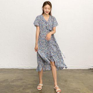 Wrap-front Ruffled Floral Long Dress