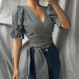 Short-sleeve Frill Trim Wrap Top