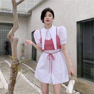 Set: Short-sleeve Mini Shirt Dress + Camisole Top