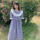 Short-sleeve Floral Print Frill Trim Midi Smock Dress Blue - One Size