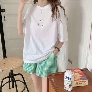 Set: Short-sleeve Smiley T-shirt + Shorts Set - White & Green - One Size