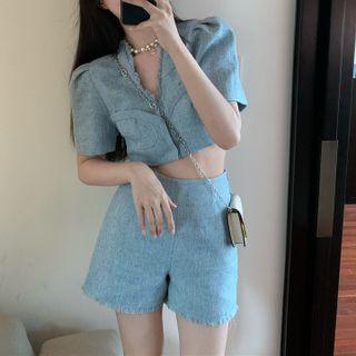 Puff-sleeve Fray Hem Crop Top / High-waist Shorts