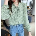 Lantern-sleeve Floral Print Blouse Floral - Green - One Size