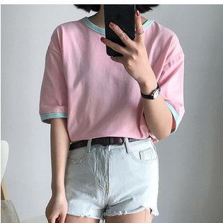 Couple Matching Contrast Trim Elbow-sleeve T-shirt