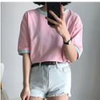 Couple Matching Contrast Trim Elbow-sleeve T-shirt