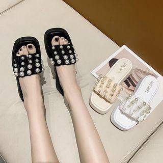 Faux Pearl Mesh Shirred Slide Platform Sandals