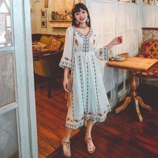 Bell-sleeve V-neck Embroidered Midi A-line Dress