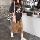 Elbow-sleeve Printed T-shirt / Maxi Striped A-line Skirt